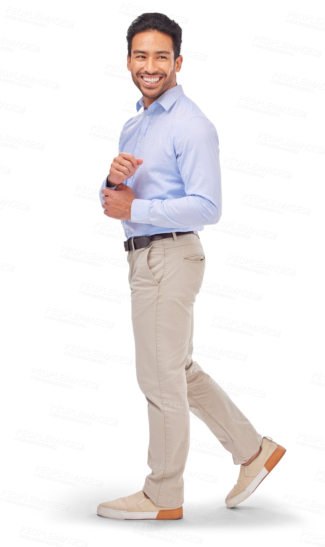 Buy stock photo Walking, smile and business man in studio standing with confidence on isolated, transparent or png background mockup. Ceo, boss and happy entrepreneur or professional with path for career or job