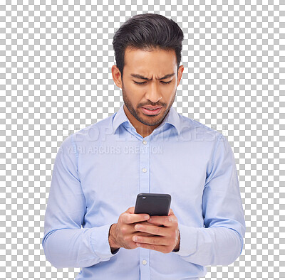 Buy stock photo Phone, problem and business man confused by error, text or glitch on isolated, transparent or png background. Smartphone, error and asian male frustrated by 404, delay or internet, mistake or crisis