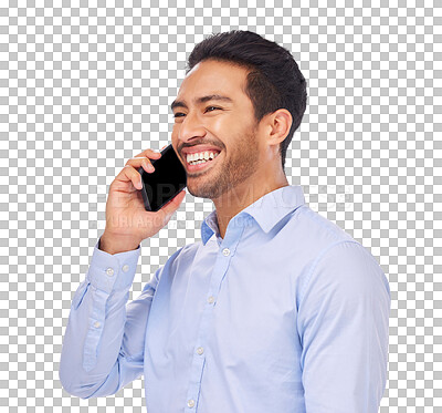 Buy stock photo Laugh, phone call and asian man happy on isolated, transparent or png background. Smartphone, smile and face of guy satisfied by conversation, discussion or networking, connection or communication