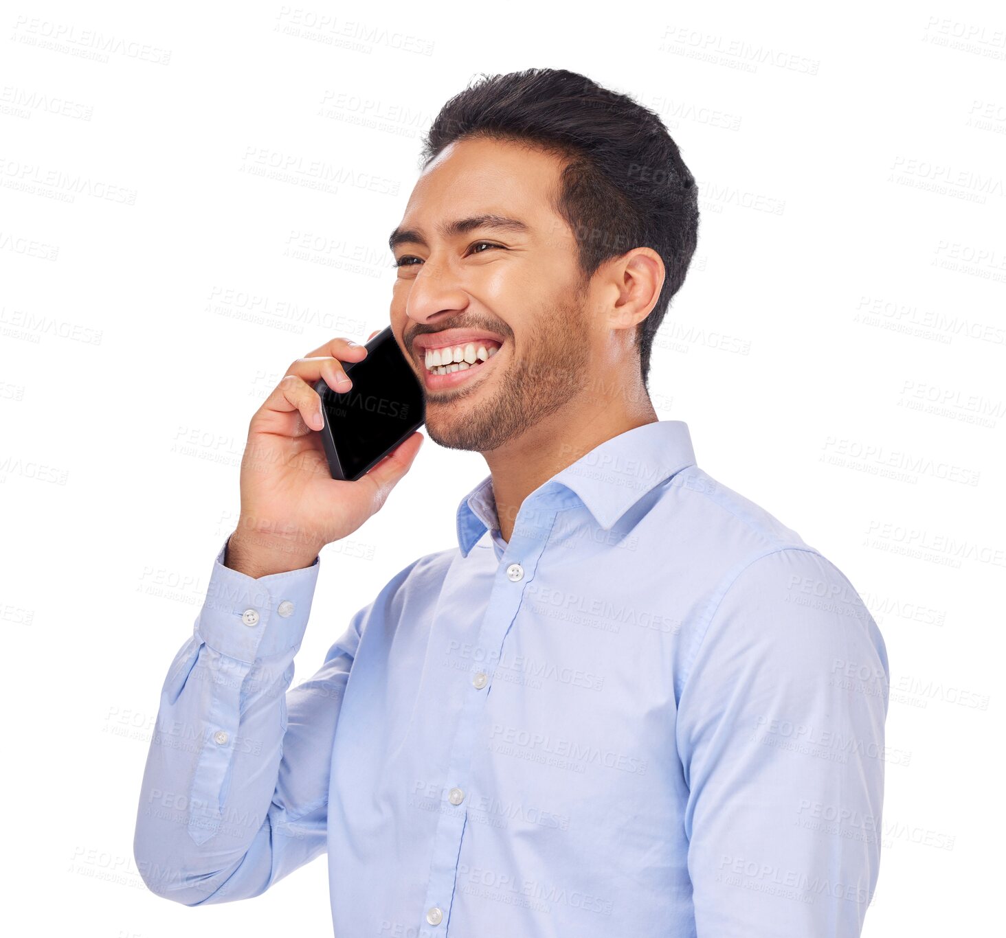 Buy stock photo Laugh, phone call and asian man happy on isolated, transparent or png background. Smartphone, smile and face of guy satisfied by conversation, discussion or networking, connection or communication