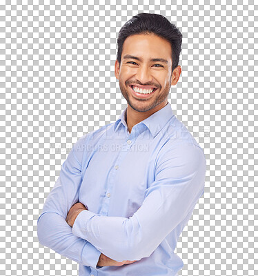 Buy stock photo Smile, portrait and businessman with arms crossed for work isolated on transparent png background. Ceo, professional boss and happy, confident or Asian male entrepreneur from Singapore with job pride