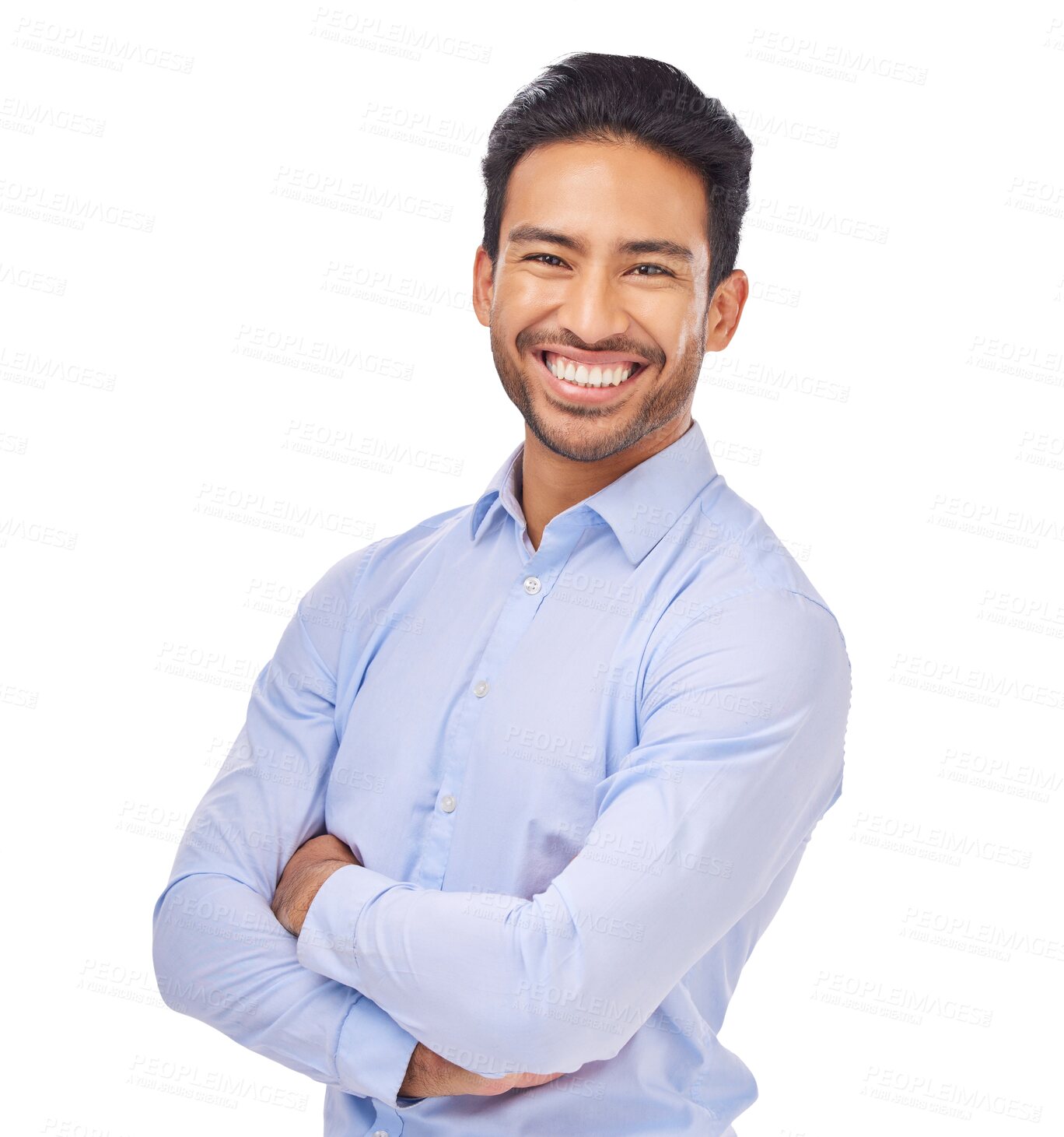 Buy stock photo Smile, portrait and businessman with arms crossed for work isolated on transparent png background. Ceo, professional boss and happy, confident or Asian male entrepreneur from Singapore with job pride