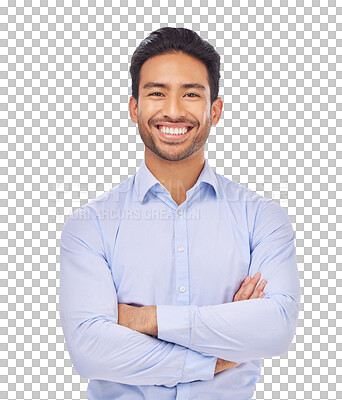 Buy stock photo Portrait, smile and businessman with arms crossed with confidence in business on isolated, transparent or png background mockup. Corporate, boss and happy entrepreneur or professional with success