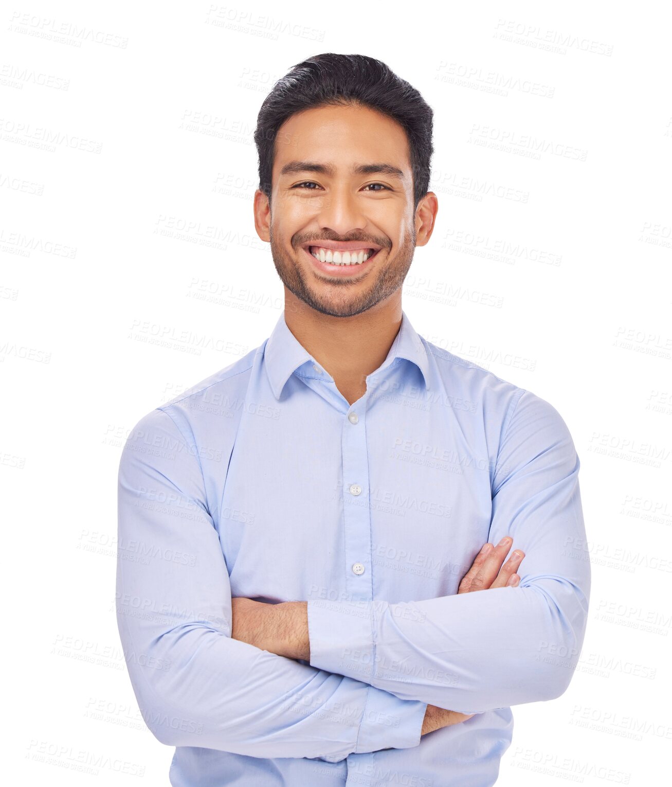 Buy stock photo Portrait, smile and businessman with arms crossed with confidence in business on isolated, transparent or png background mockup. Corporate, boss and happy entrepreneur or professional with success