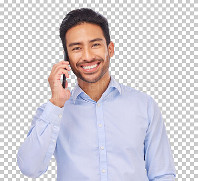 Buy stock photo Portrait, phone call and asian man happy on isolated, transparent or png background. Smartphone, smile and face of guy satisfied by conversation, discussion or networking, connection or communication