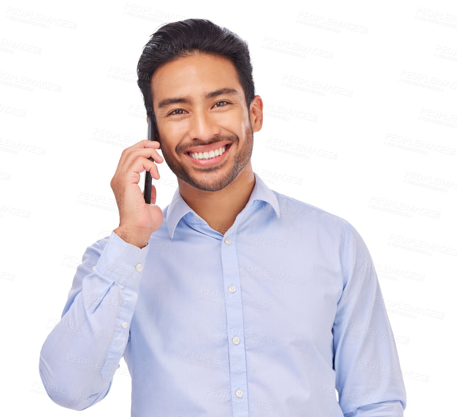 Buy stock photo Portrait, phone call and asian man happy on isolated, transparent or png background. Smartphone, smile and face of guy satisfied by conversation, discussion or networking, connection or communication