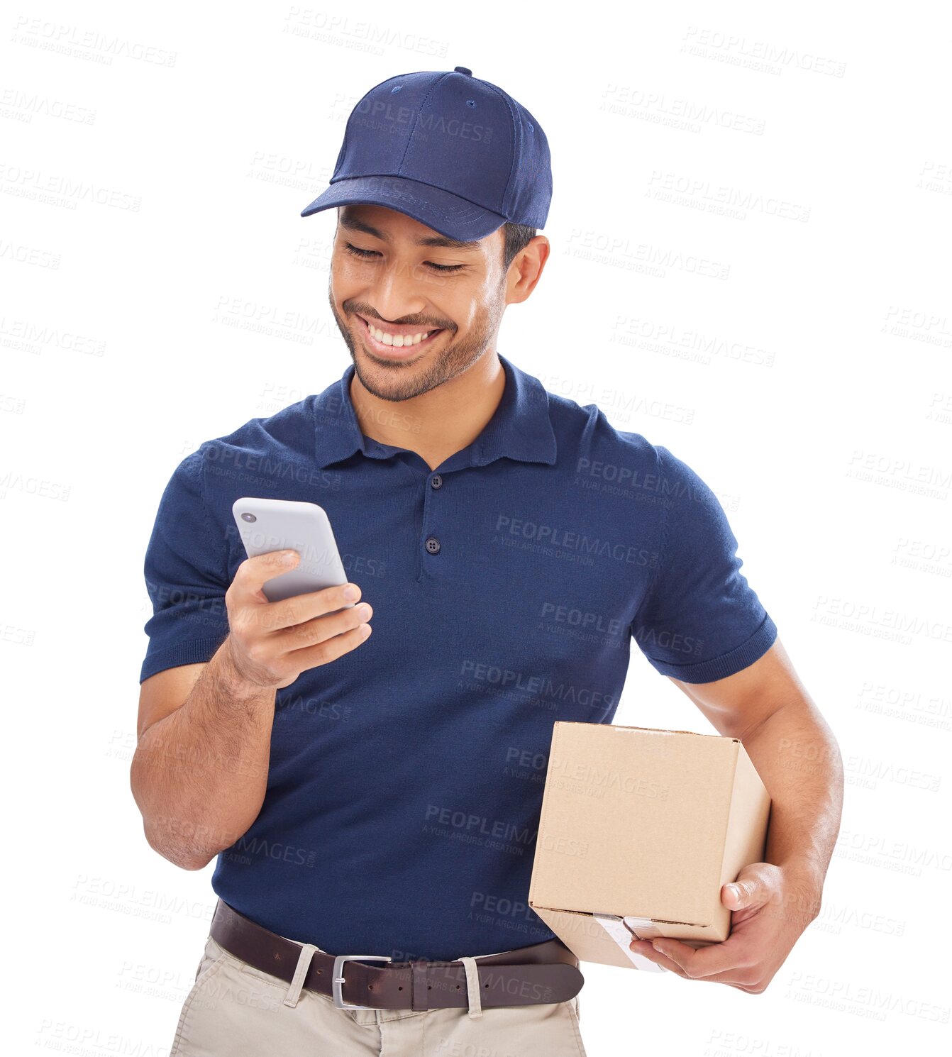 Buy stock photo Box, phone and delivery man for shipping or e commerce communication isolated on transparent, png background. Online invoice, mobile chat and happy courier person with logistics package or services