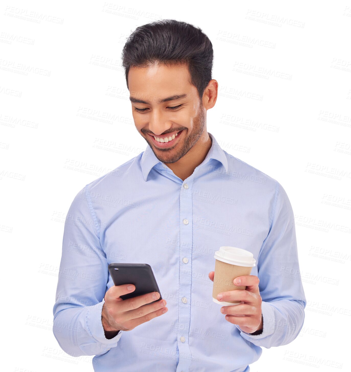 Buy stock photo Phone, coffee and smile of business man isolated on transparent, png background for news or communication. Cellphone, ideas and professional asian person for networking on social media or opportunity
