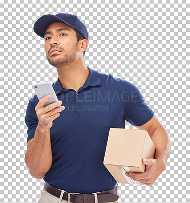 Buy stock photo Delivery, search and cellphone with man or box for customer in png or isolated background for ecommerce. Package, guy and online app for driver for logistics for service with in studio with tech.