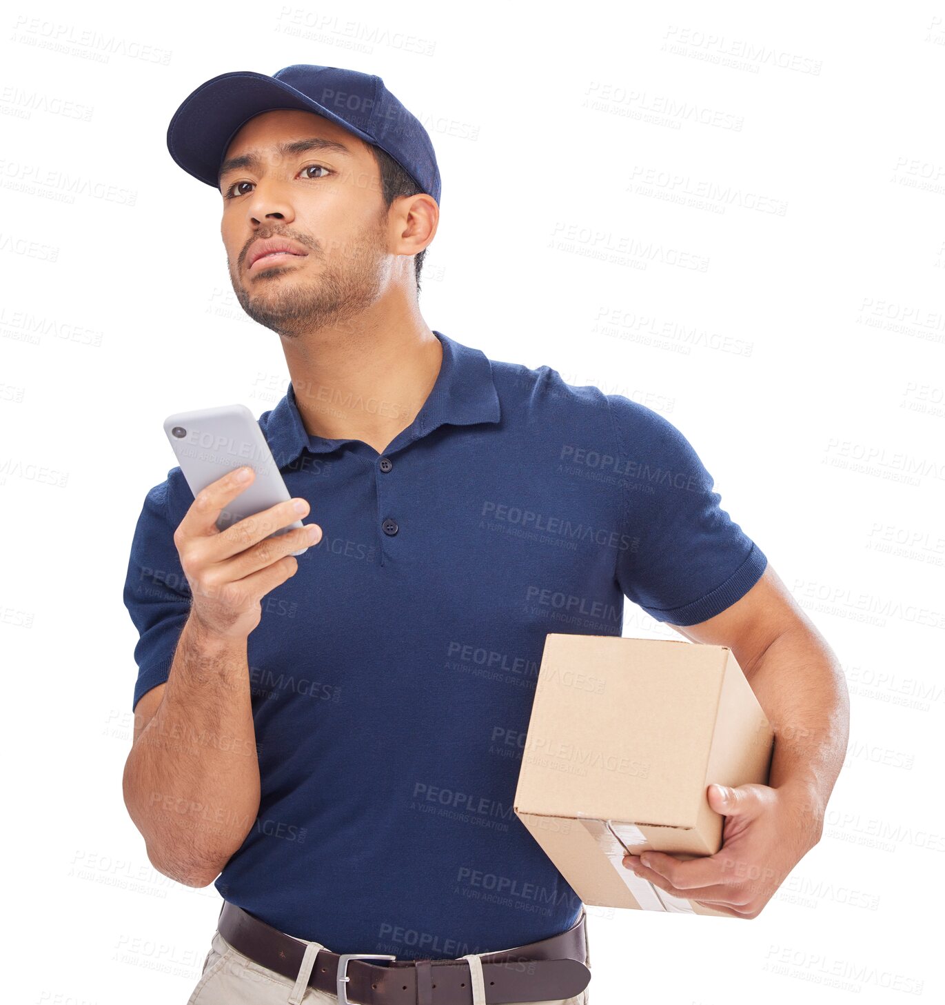 Buy stock photo Delivery, search and cellphone with man or box for customer in png or isolated background for ecommerce. Package, guy and online app for driver for logistics for service with in studio with tech.