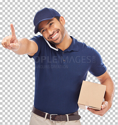 Buy stock photo Logistics, man and delivery with talking on cellphone in png or isolated and transparent background for order. Package, guy and happy with courier service on call for stock with tech for customer.