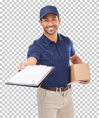 Buy stock photo Delivery man, shipping box and clipboard, sign and e commerce with smile in portrait on png transparent background. Package, supply chain distribution and male worker with signature and paperwork