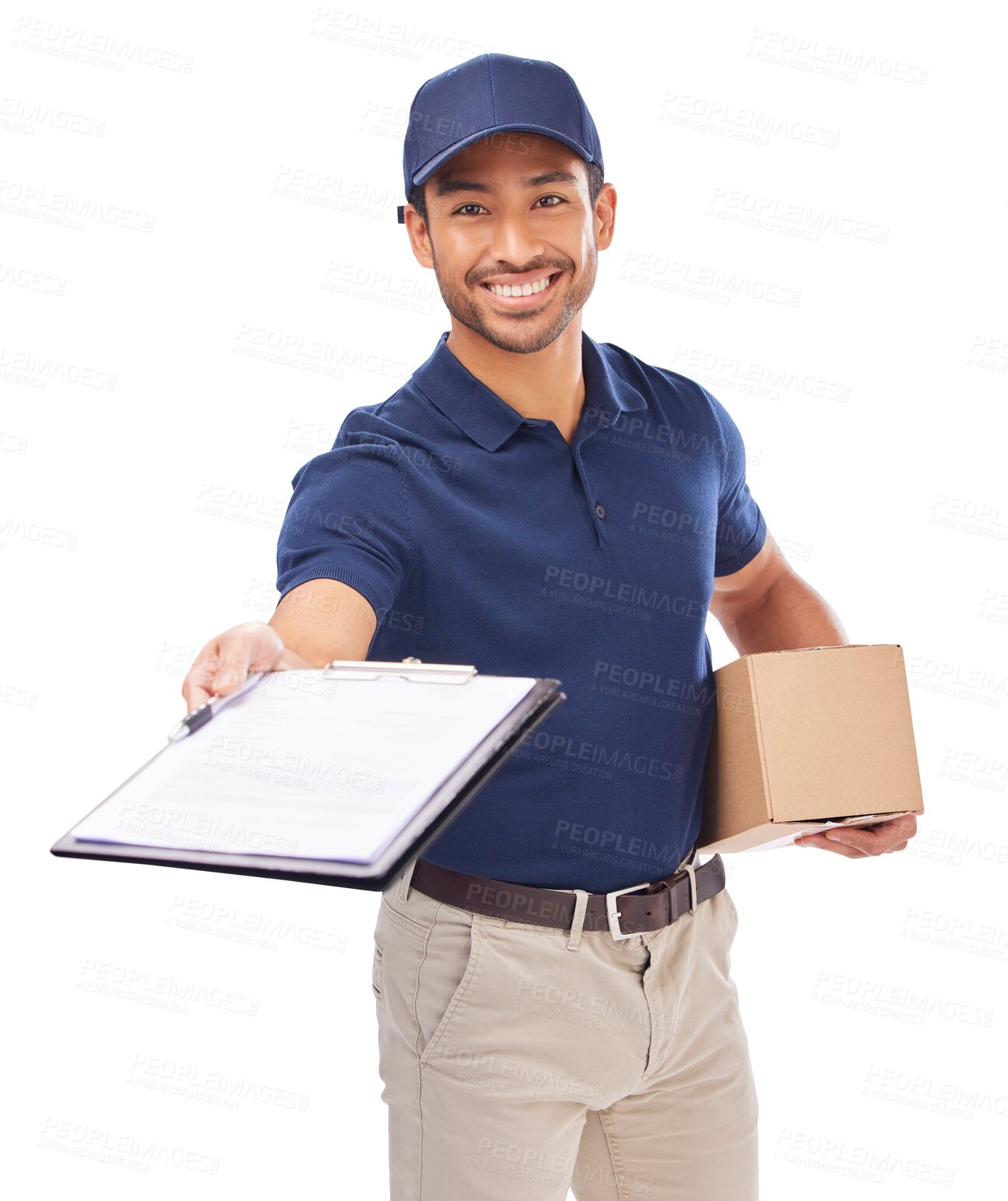 Buy stock photo Delivery man, shipping box and clipboard, sign and e commerce with smile in portrait on png transparent background. Package, supply chain distribution and male worker with signature and paperwork