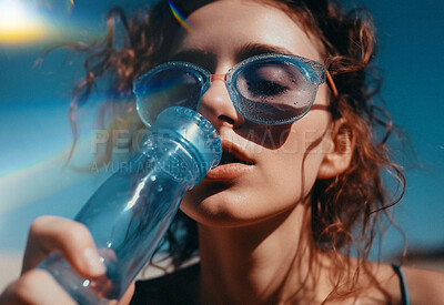 Buy stock photo Retro woman, water drops and drink from bottle. Ai generated vintage fashion and fitness in summer