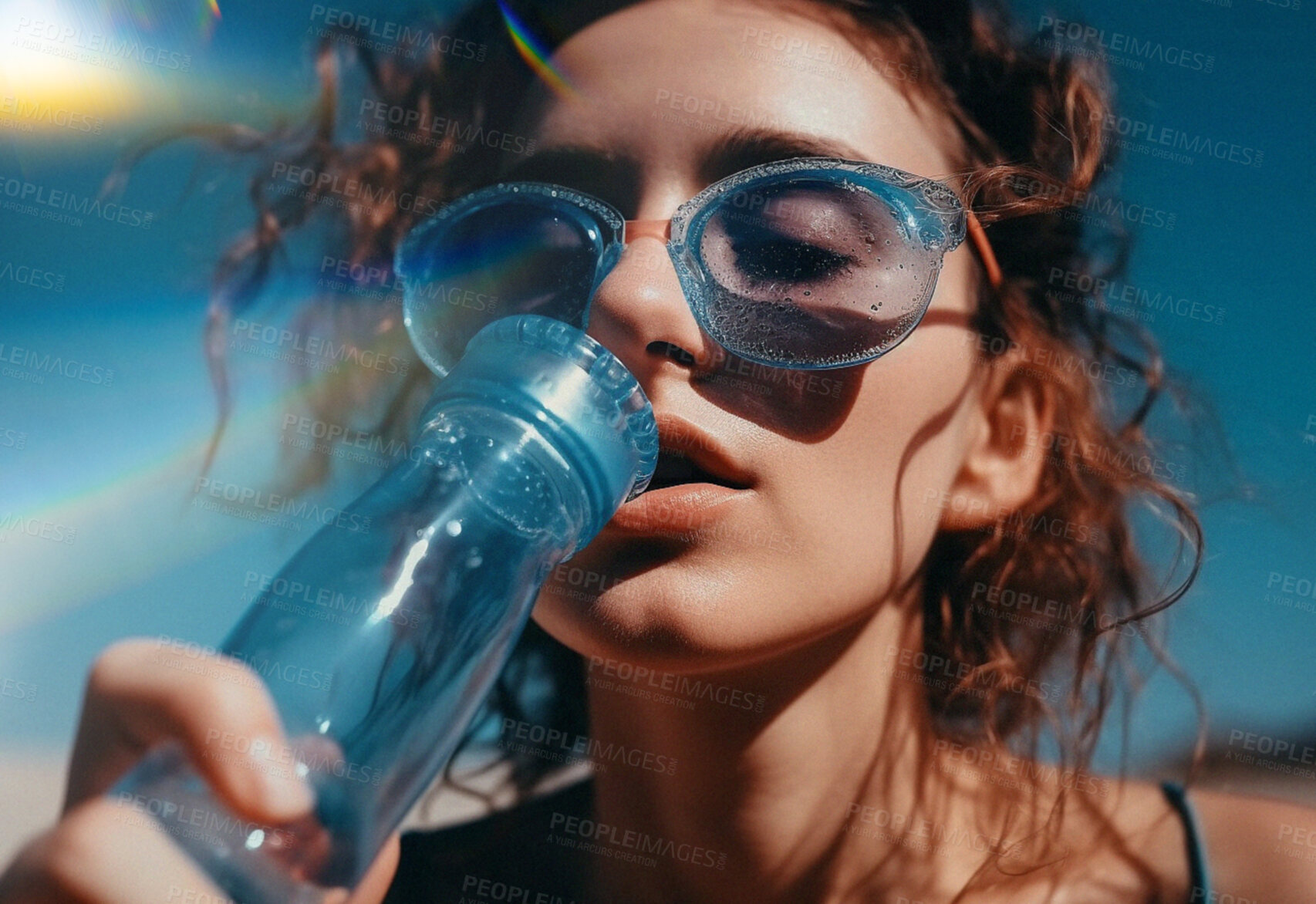 Buy stock photo Retro woman, water drops and drink from bottle. Ai generated vintage fashion and fitness in summer