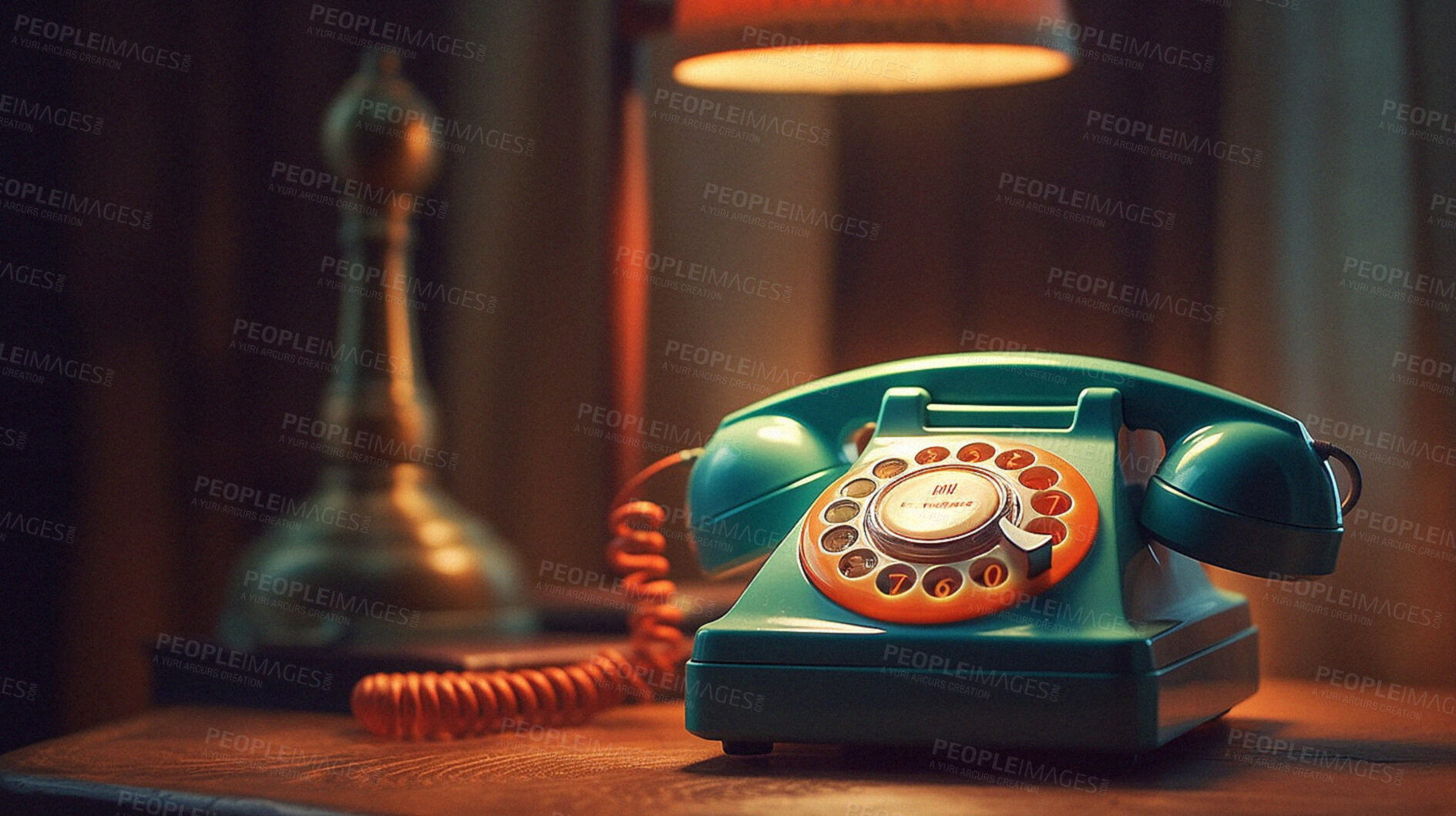 Buy stock photo Retro telephone on home table for communication. Ai generated of vintage phone in old house office