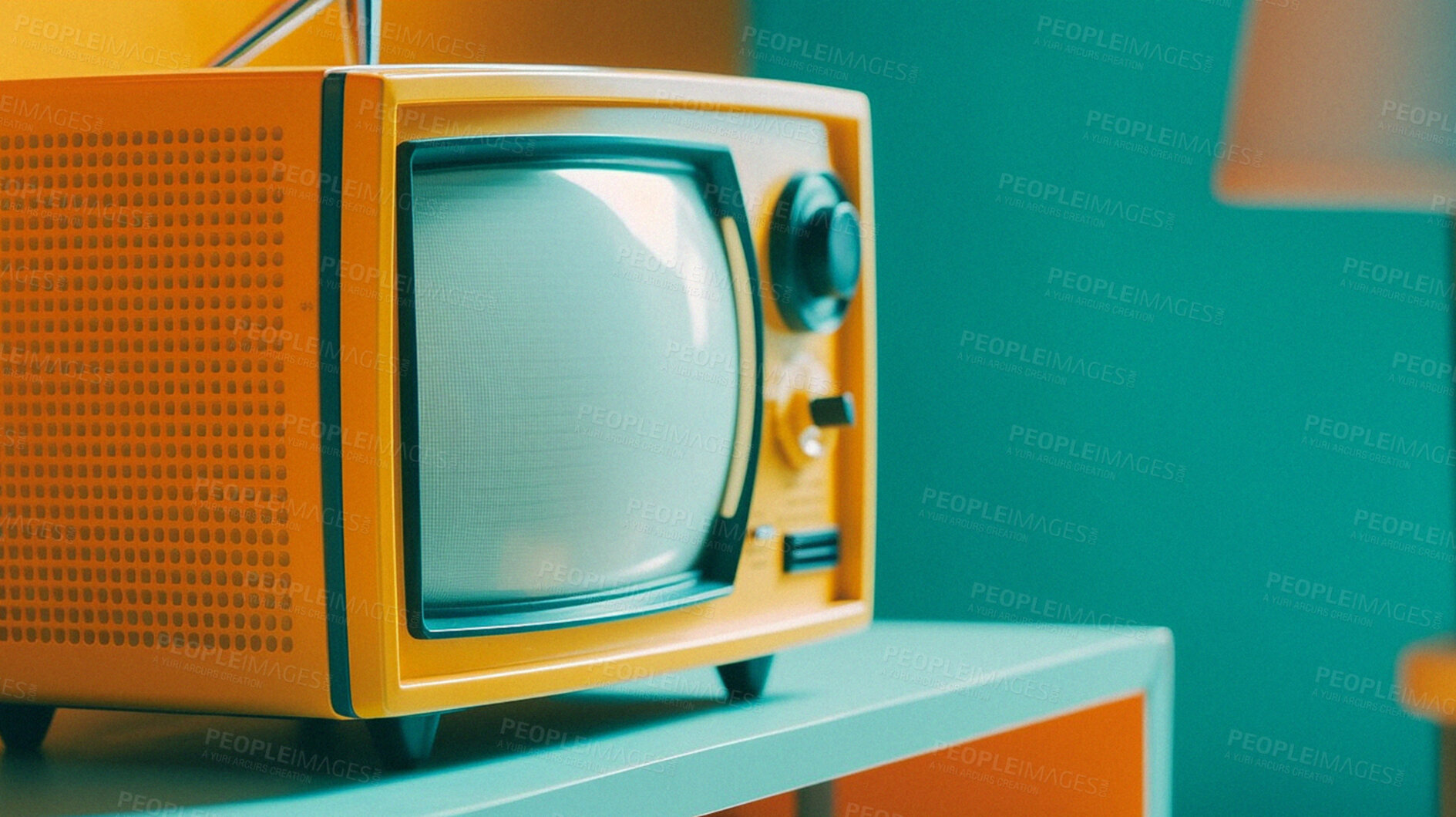 Buy stock photo Retro TV on a table at home for old entertainment show. Ai generated of vintage television in house