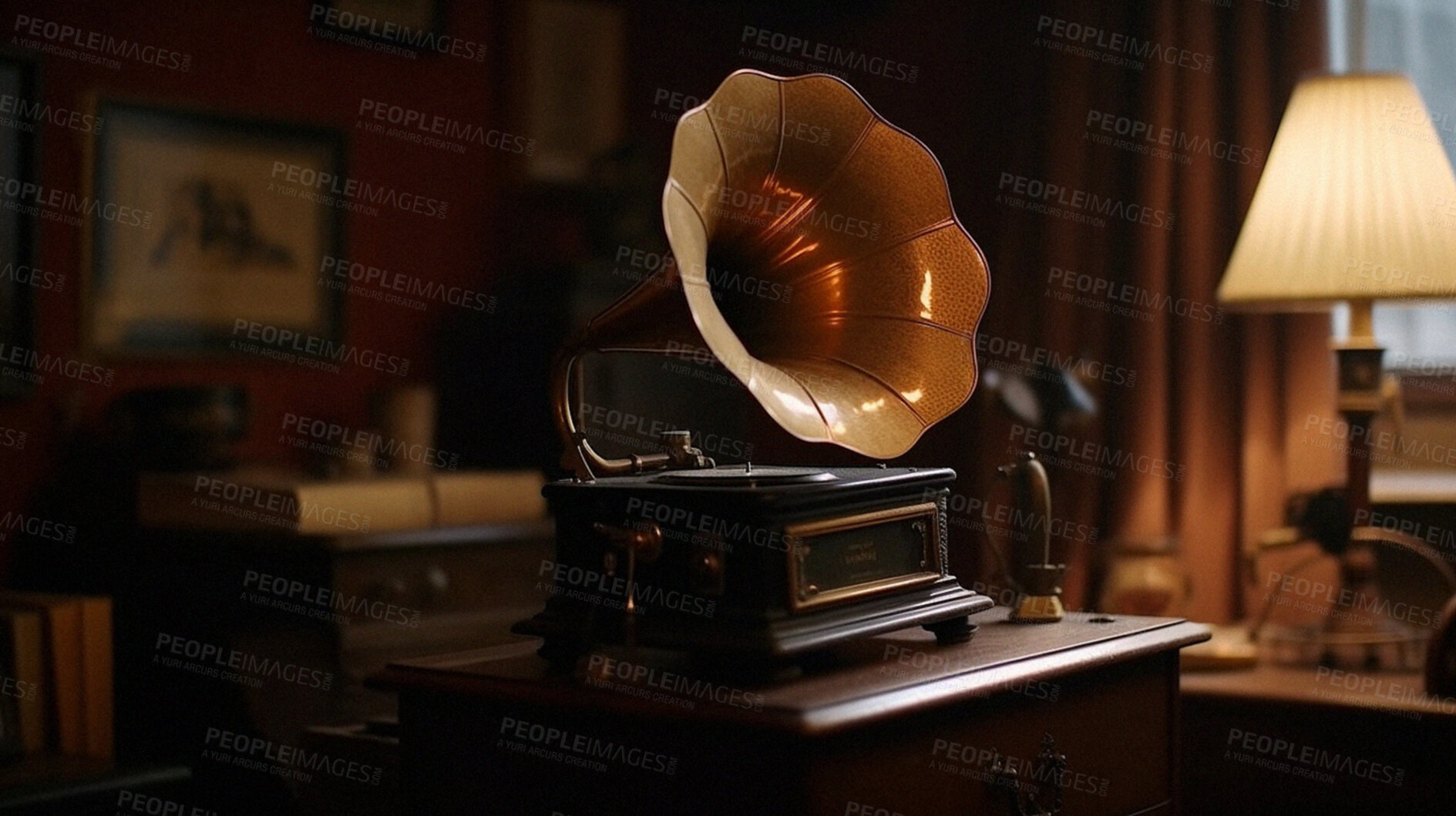 Buy stock photo Retro gramophone on home table for music entertainment. Ai generated vintage vinyl record on radio