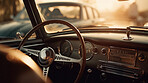 Retro car, steering wheel and travel of vehicle. Ai generated interior of vintage transport in drive