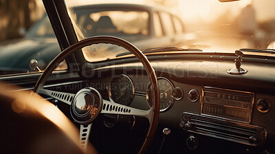 Retro car, steering wheel and travel of vehicle. Ai generated interior of vintage transport in drive