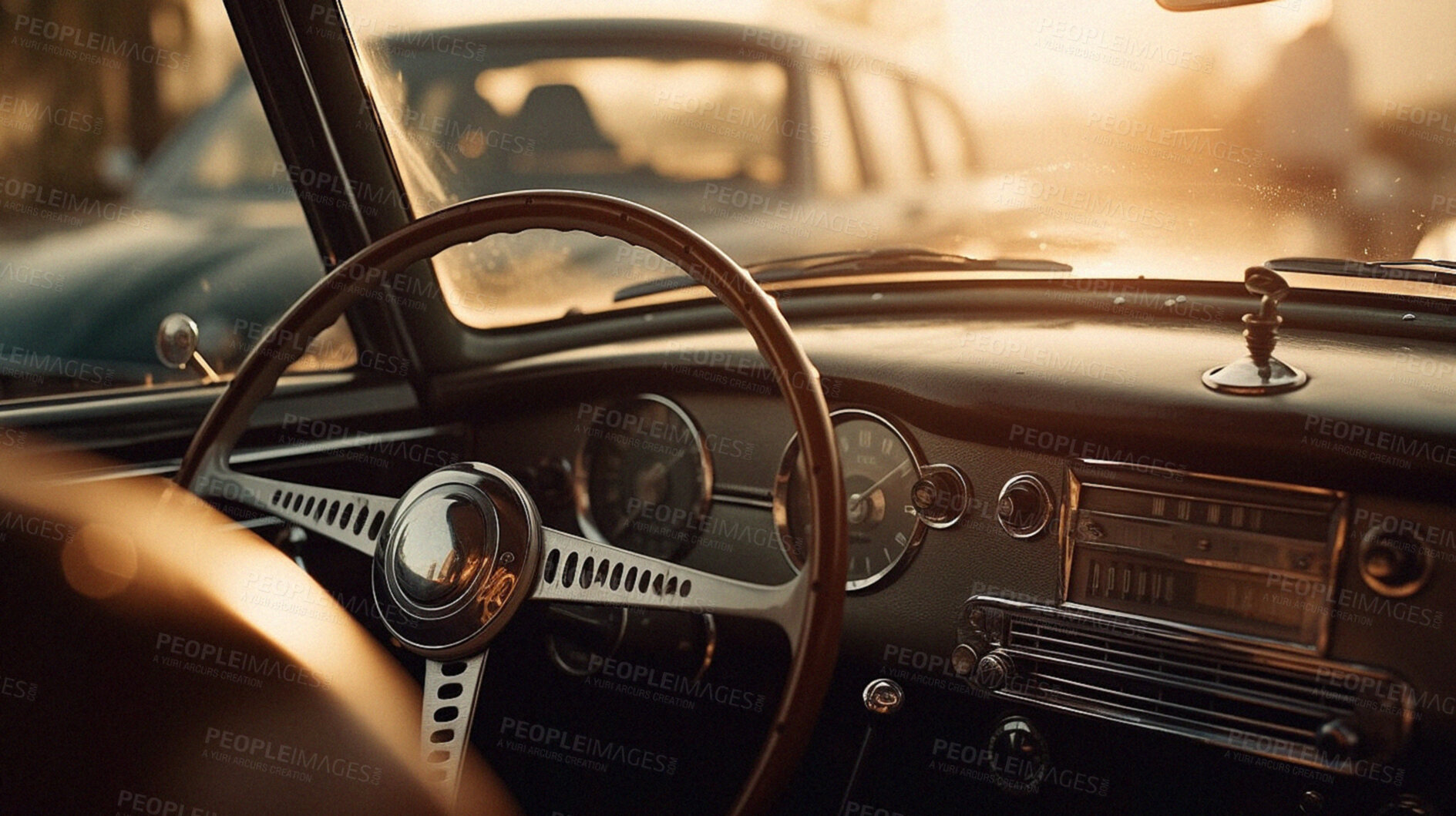 Buy stock photo Retro car, steering wheel and travel of vehicle. Ai generated interior of vintage transport in drive