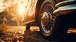 Retro car, wheel and travel of vehicle on a road. Ai generated vintage transport drive on a street