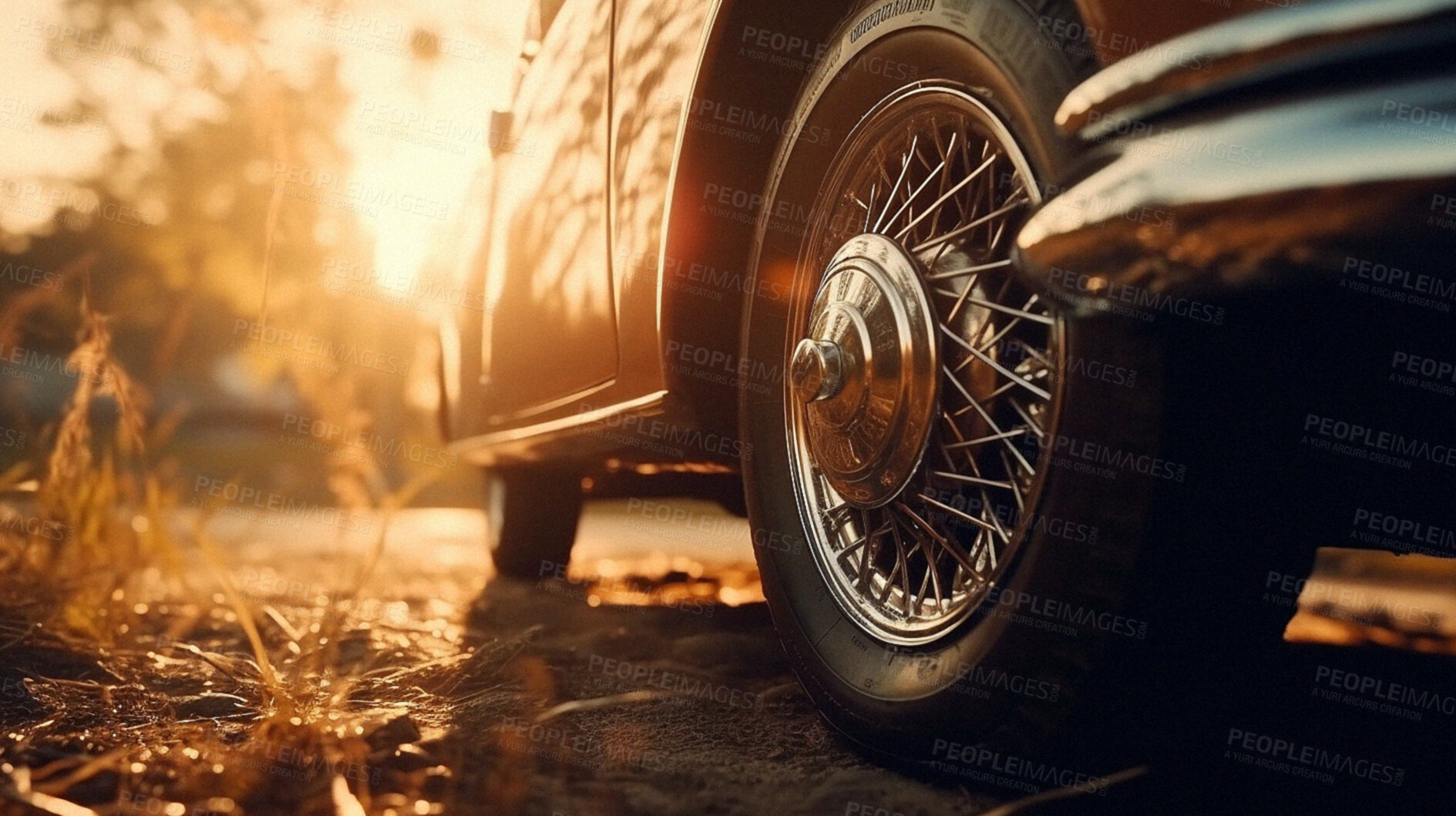 Buy stock photo Retro car, wheel and travel of vehicle on a road. Ai generated vintage transport drive on a street