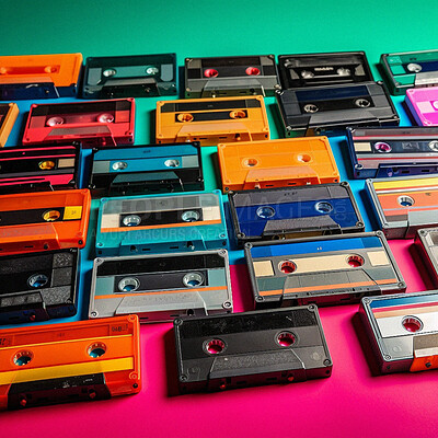 Retro cassette tape for old music in studio. Different color of Ai generated vintage audio brand