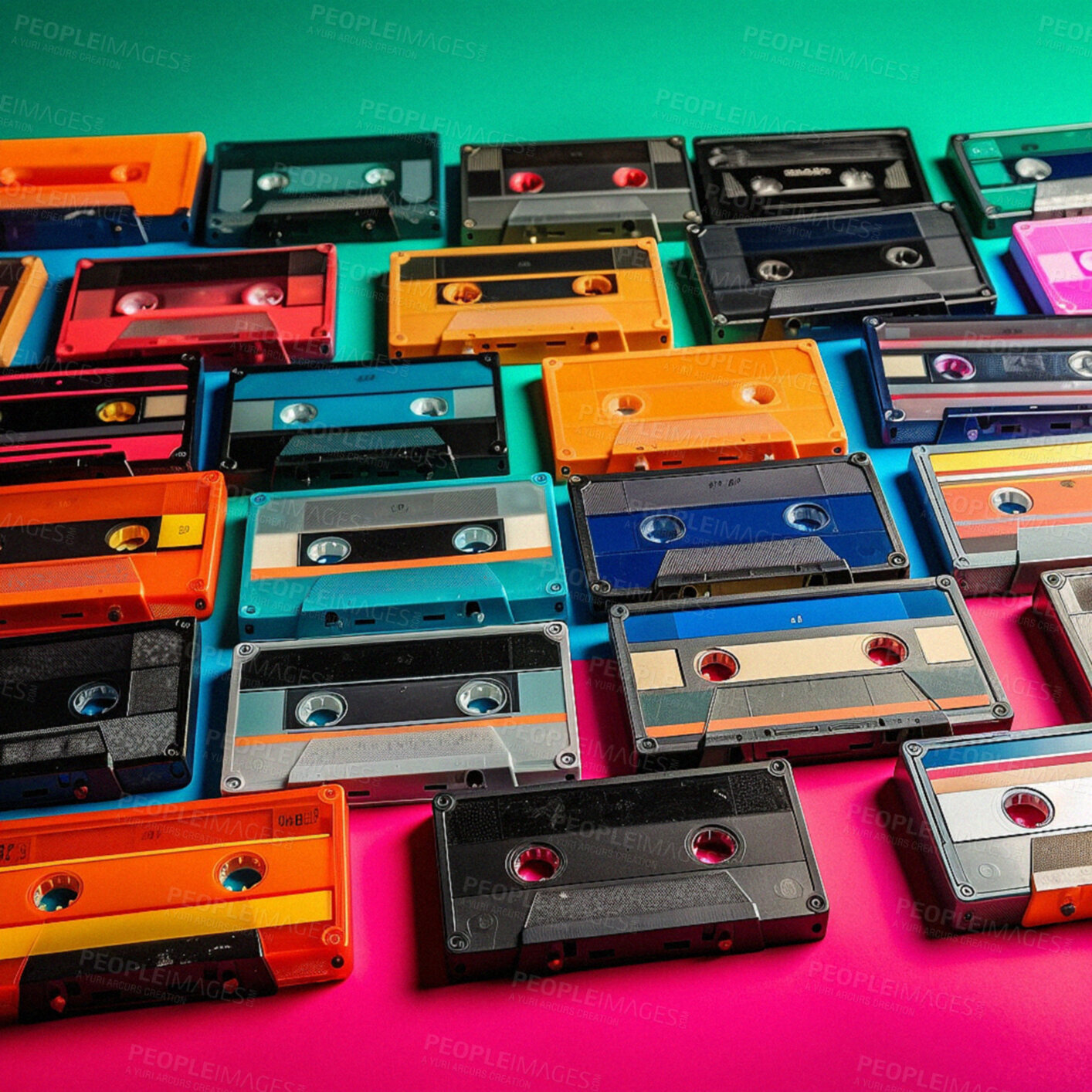 Buy stock photo Retro cassette tape for old music in studio. Different color of Ai generated vintage audio brand