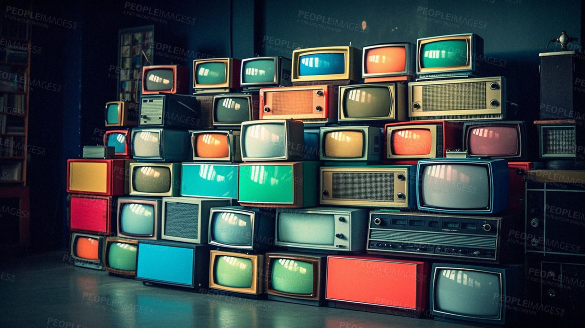 Buy stock photo Retro TV screen for old entertainment show. Different color of Ai generated vintage television