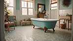 Retro bath, interior design and bathroom in a home. Ai generated empty room in a vintage house