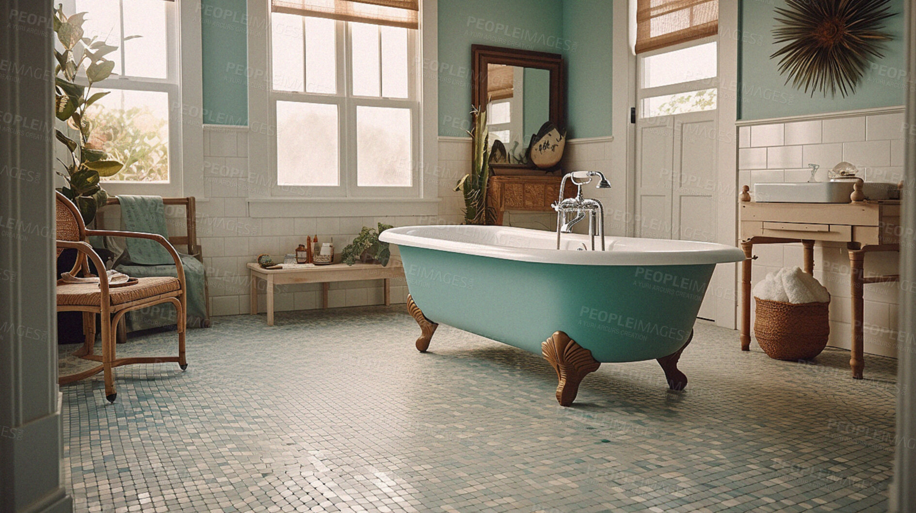 Buy stock photo Retro bath, interior design and bathroom in a home. Ai generated empty room in a vintage house