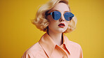 Retro fashion, woman and sunglasses on color studio background. Ai generated vintage beauty of girl