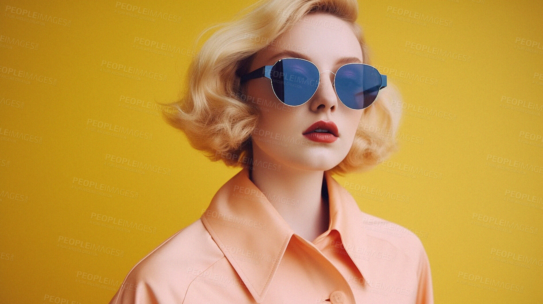 Buy stock photo Retro fashion, woman and sunglasses on color studio background. Ai generated vintage beauty of girl