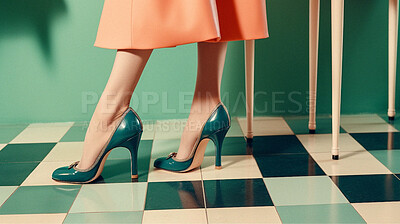 Retro fashion, high heels and legs of woman. Ai generated vintage shoes of elegant person in a diner