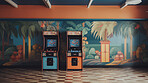 Retro computer game arcade and ai generated vintage video or slot machine in an empty room