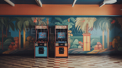 Retro computer game arcade and ai generated vintage video or slot machine in an empty room