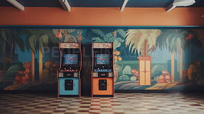 Buy stock photo Retro computer game arcade and ai generated vintage video or slot machine in an empty room