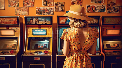 Retro computer game arcade, woman and ai generated vintage video or person at slot machine