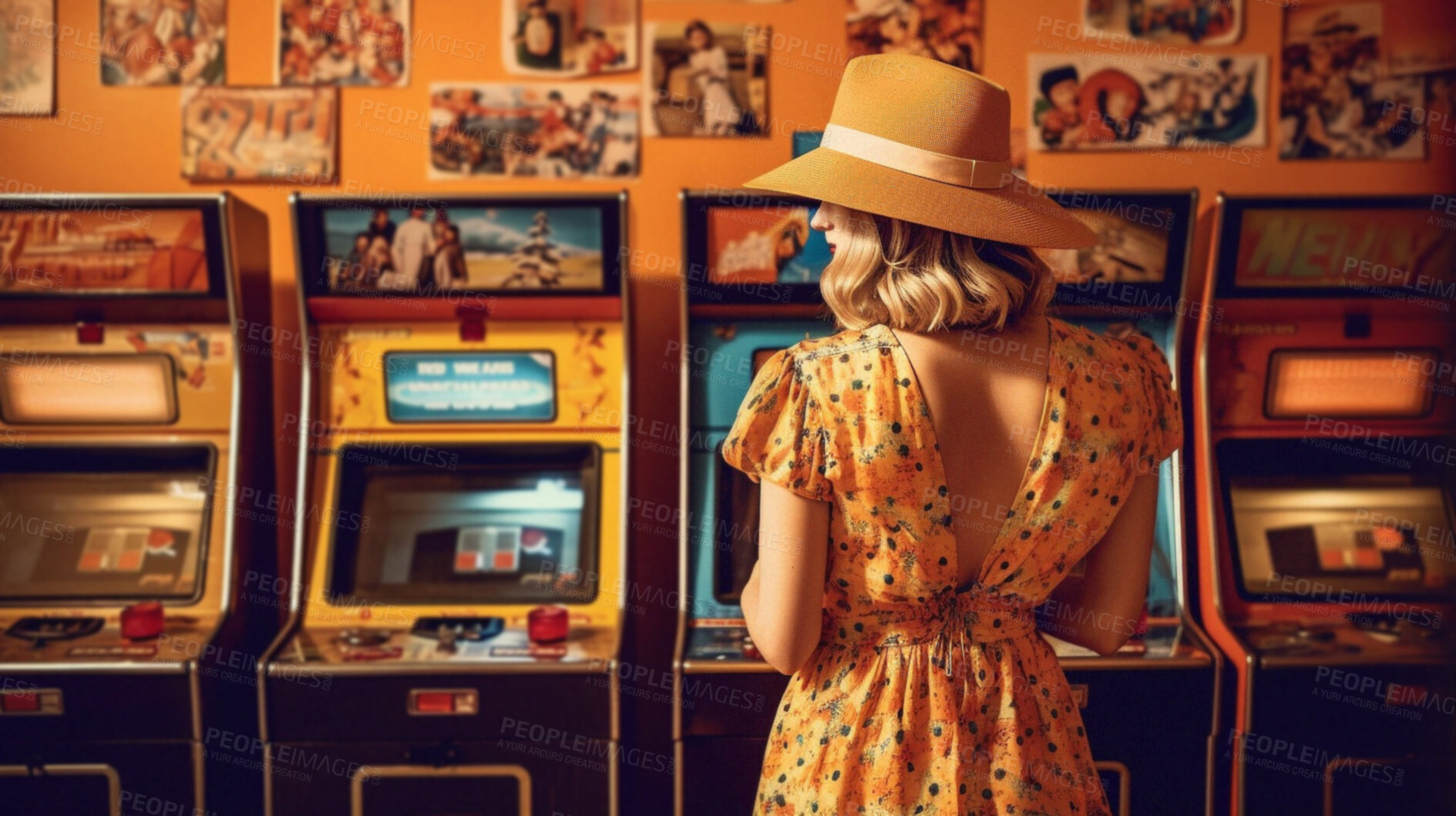 Buy stock photo Retro computer game arcade, woman and ai generated vintage video or person at slot machine