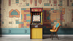 Retro computer game arcade and ai generated vintage video or slot machine in an empty room