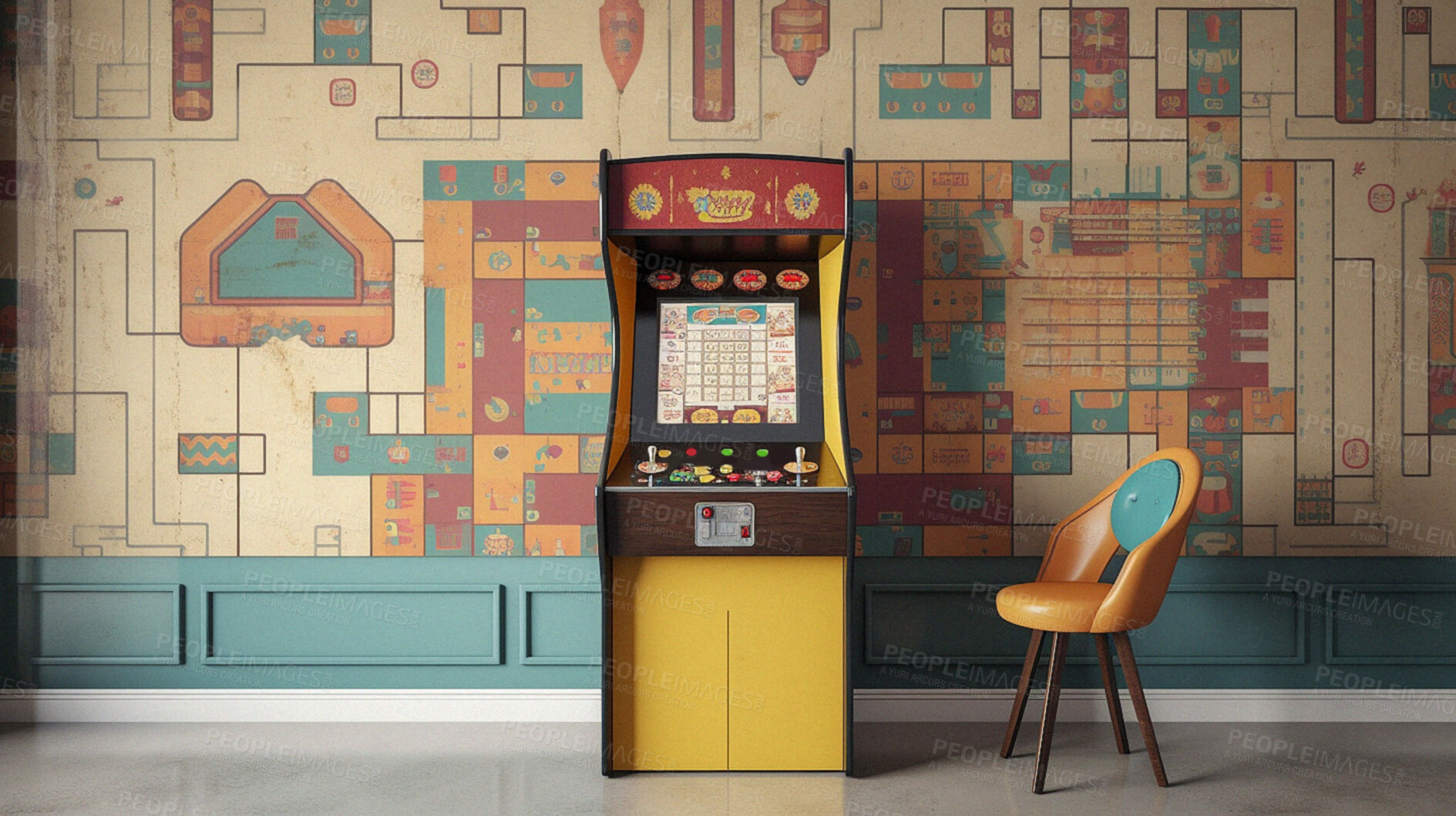 Buy stock photo Retro computer game arcade and ai generated vintage video or slot machine in an empty room