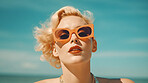 Retro beauty, woman face and sunglasses at the beach. Ai generated vintage style on summer holiday