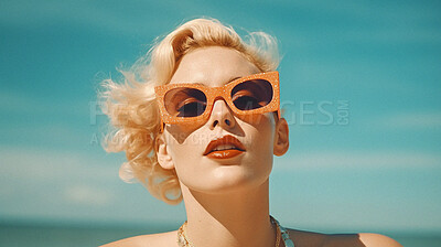 Retro beauty, woman face and sunglasses at the beach. Ai generated vintage style on summer holiday