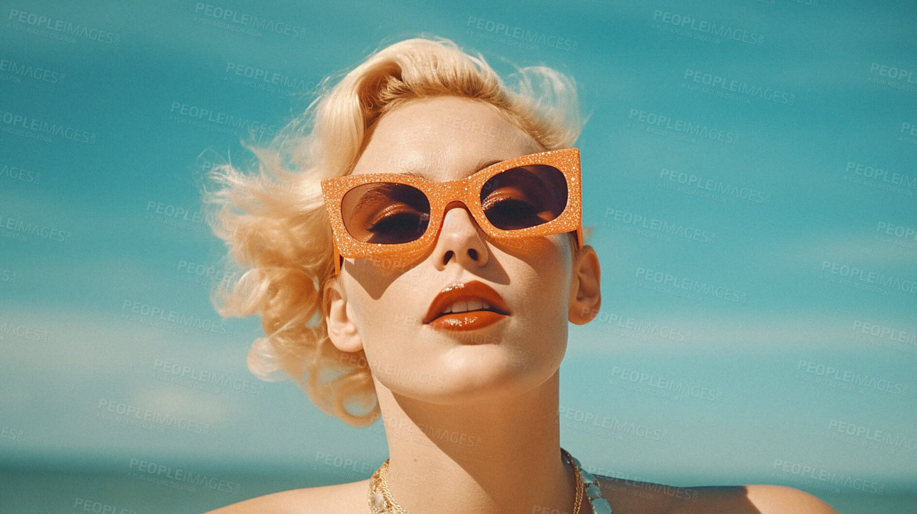 Buy stock photo Retro beauty, woman face and sunglasses at the beach. Ai generated vintage style on summer holiday