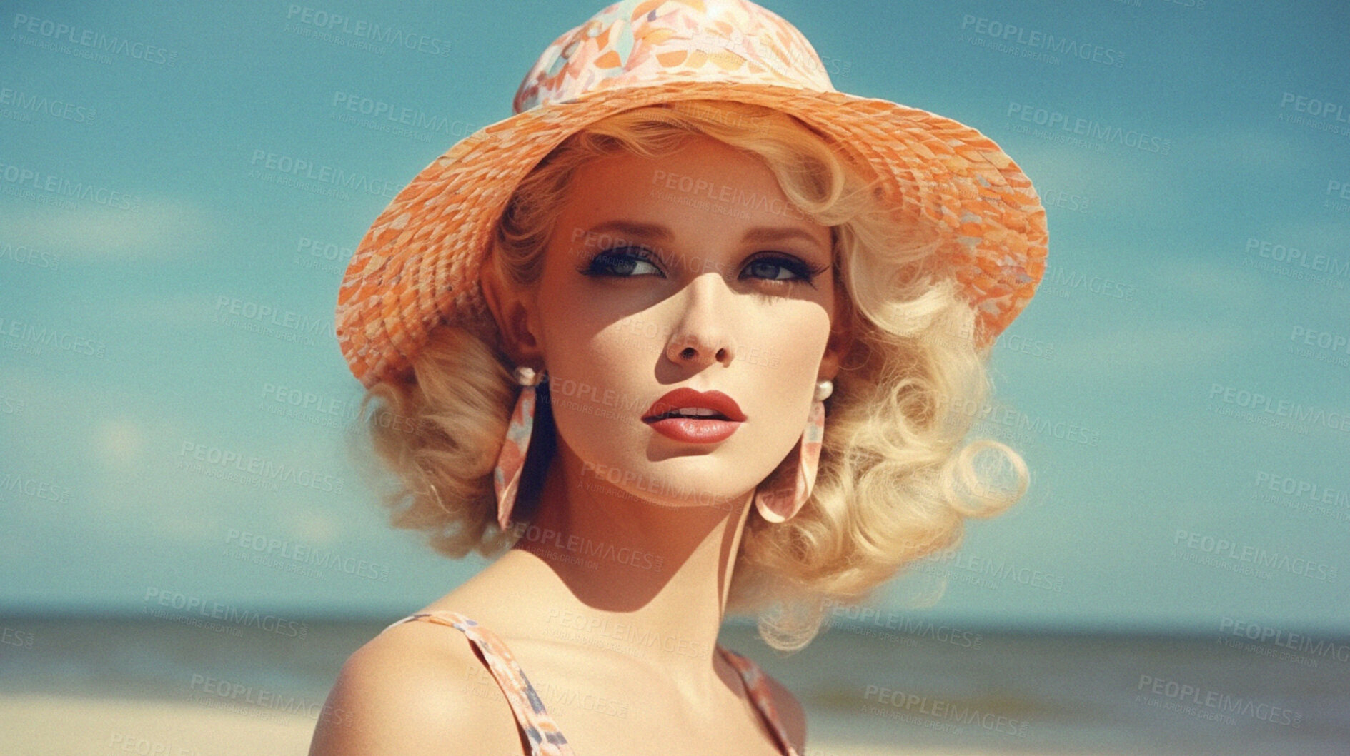 Buy stock photo Retro beauty, woman face and hat at the beach. Ai generated vintage style in summer