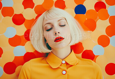 Buy stock photo Retro fashion, woman on color studio background. Ai generated vintage beauty and makeup of girl