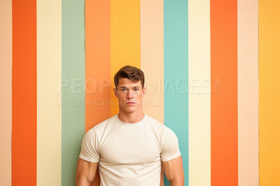 Retro fashion, handsome and serious man on color studio background. Ai generated vintage style