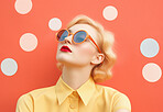 Retro fashion, woman and sunglasses on color studio background. Ai generated vintage beauty of girl