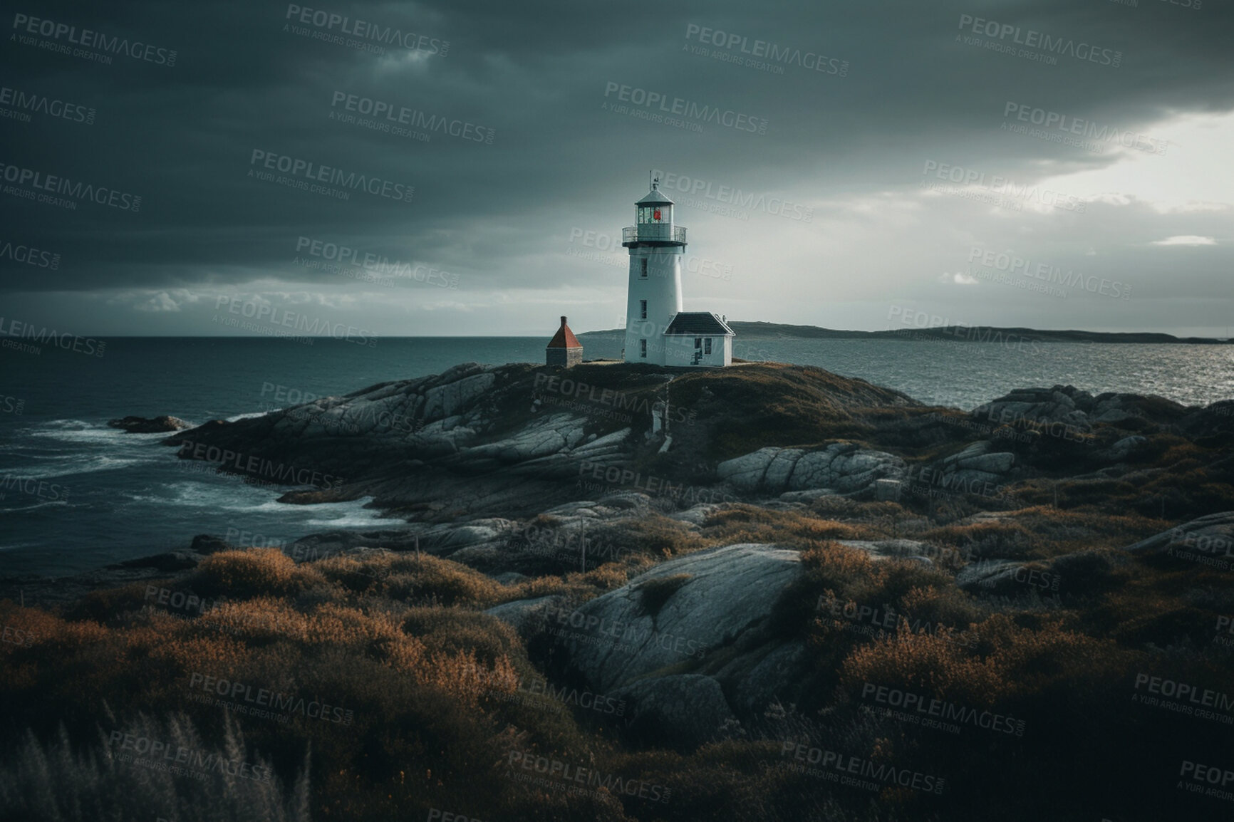 Buy stock photo Lighthouse, cloud in sunset sky and building of port direction. Ai generated light as sea navigation